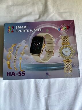 Beige and Gold Women's Bracelet-Style Watch and Charm Set